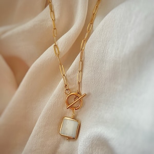 Square Freshwater Shell Paperclip Chain Gold Necklace - Handmade Shell Necklace - Gold Paperclip Chain Necklace - Minimalist Necklace
