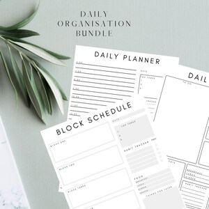 May include: A set of printable daily planner pages with a minimalist design. The pages include sections for daily tasks, habit tracking, meal planning, and a block schedule.