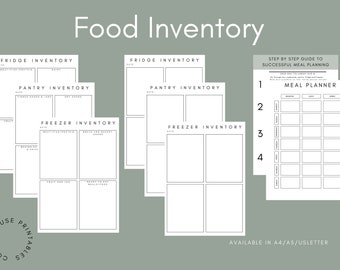May include: Printable food inventory and meal planner templates. The templates include sections for fridge, pantry, and freezer inventory, as well as a meal planner with four weeks of meal planning space. The templates are available in A4, A5, and US Letter sizes.