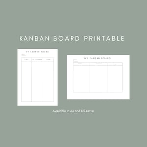 May include: Two printable Kanban board templates with the text "MY KANBAN BOARD" and headings "To Do", "In Progress", and "Done". Available in A4 and US Letter sizes.