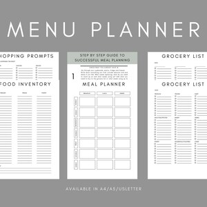 Pode incluir: Um planeador de menus imprimível em preto e branco com seções para sugestões de compras, inventário de alimentos, um guia passo a passo para um planejamento de refeições bem-sucedido, um planeador de refeições e duas listas de compras. O texto "MENU PLANNER" está no topo da página. O texto "AVAILABLE IN A4/A5/USLETTER" está na parte inferior da página.