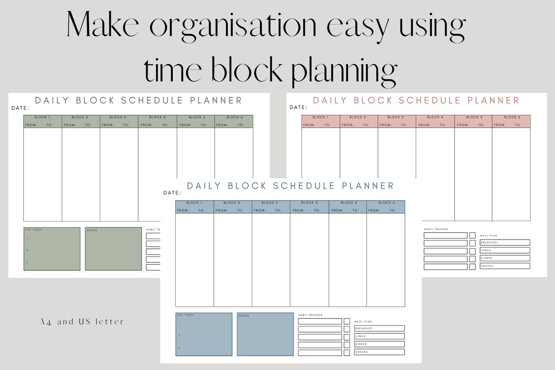 Coloured Daily Block Schedule Printable Undated Horizontal Design ...