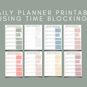 May include: Eight printable daily planner pages with the text "BLOCK SCHEDULE" at the top of each page. The pages are in different colors: green, gray, blue, pink, red, beige, yellow, and pink.