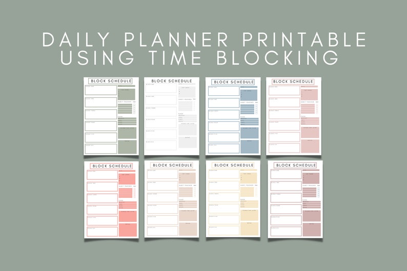 May include: Eight printable daily planner pages with the text "BLOCK SCHEDULE" at the top of each page. The pages are in different colors: green, gray, blue, pink, red, beige, yellow, and pink.