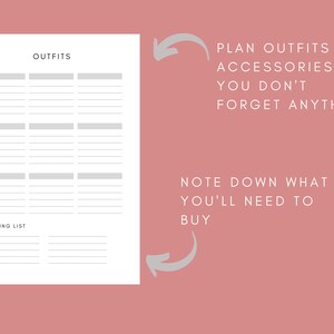 May include: A printable planner page with the title "OUTFITS" and a section for a shopping list. The text "PLAN OUTFITS AND ACCESSORIES SO YOU DON'T FORGET ANYTHING" and "NOTE DOWN WHAT YOU'LL NEED TO BUY" is written on the page.