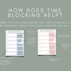 May include: Two printable time blocking schedule templates. The left template is light blue with the text "Block Schedule" and "Undated so you can be flexible". The right template is pink with the text "Block Schedule" and "Prioritize the 3 must do items to achieve today".