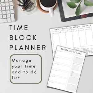May include: A white time block planner with the text "TIME BLOCK PLANNER" and "Manage your time and to do list". The planner includes daily and block schedule templates, a keyboard, and a cup of coffee.