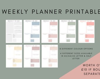 May include: Printable weekly planner templates in eight different colour options. The planner is available in four sizes: A5, A4, US Letter, and Half Letter.  "WORTH OVER £10 IF BOUGHT SEPARATELY"