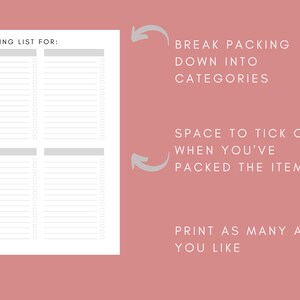 May include: Printable packing list with four columns and multiple rows. The list is titled "Packing List For:" and has space to check off items as they are packed.