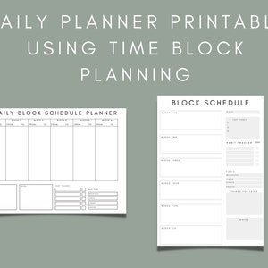 May include: Printable daily planner with a time block schedule. The planner includes a daily block schedule with space for tasks, a block schedule with space for tasks, habit tracker, food, and notes.