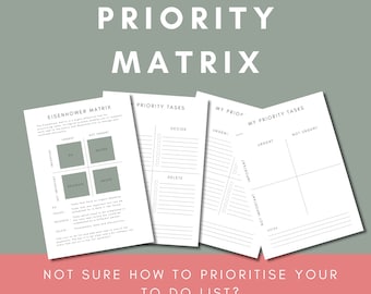 May include: A printable productivity planner with the title "Priority Matrix" and a section titled "Eisenhower Matrix" with the text "Urgent" and "Not Urgent" at the top of the page. The planner is designed to help you prioritize tasks.