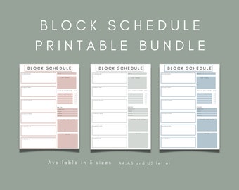 Block schedule, printable planner bundle. An undated daily planner printable in 3 colours using time blocking.