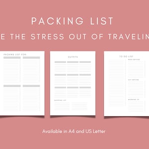 May include: Printable packing list template with three sections: packing list for, outfits, and to do list. The to do list section is divided into three columns: week before, day before, and morning of. The text "Available in A4 and US Letter" is at the bottom of the page.