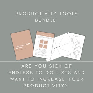 May include: A productivity tools bundle with three printable worksheets: a priority matrix, a brain dump, and a mind map. The worksheets are in a light brown colour with black text. The text on the cover sheet reads "Productivity Bundle".