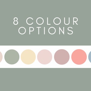 May include: A color palette with eight different colors: light pink, sage green, pale yellow, light pink, dusty rose, coral, light blue, and a light gray background.