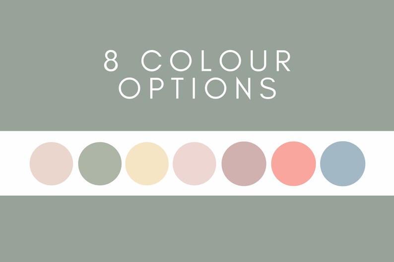 May include: A color palette with eight different colors: light pink, sage green, pale yellow, light pink, dusty rose, coral, light blue, and a light gray background.