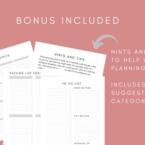 May include: Printable checklist for packing for a trip. The checklist includes sections for outfits, packing list, and a to-do list. The to-do list is broken down into three sections: week before, day before, and morning of. The checklist also includes hints and tips to help with planning.