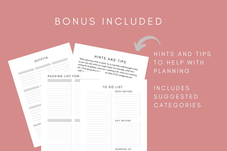 May include: Printable checklist for packing for a trip. The checklist includes sections for outfits, packing list, and a to-do list. The to-do list is broken down into three sections: week before, day before, and morning of. The checklist also includes hints and tips to help with planning.