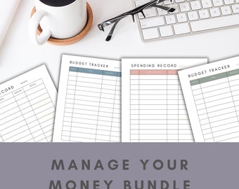 Puede incluir: Un conjunto de hojas de seguimiento de presupuesto y registro de gastos imprimibles. Las hojas son blancas con acentos grises, azules y rosas. El texto "Manage Your Money Bundle" está en la parte inferior de la imagen.