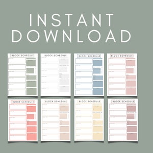 May include: Eight printable block schedule templates in different pastel colors, including green, gray, blue, pink, and yellow. Each template has the title "Block Schedule" at the top.