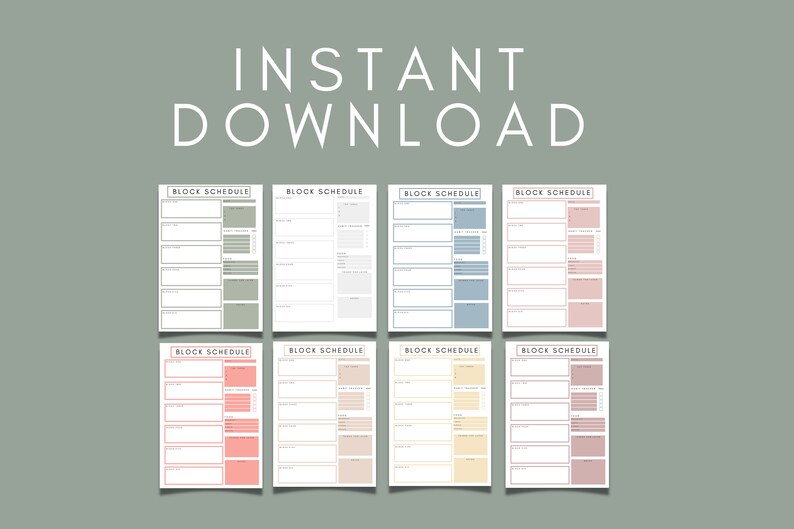 May include: Eight printable block schedule templates in different pastel colors, including green, gray, blue, pink, and yellow. Each template has the title "Block Schedule" at the top.