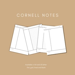 Puede incluir: Hojas blancas de notas Cornell con líneas y texto en negro, incluyendo "TITLE", "MAIN CONCEPTS", "NOTES" y "SUMMARY". El texto "CORNELL NOTES" está en la parte superior. Disponible en A4 y US letter, con opciones de puntos, cuadrícula, líneas y en blanco.