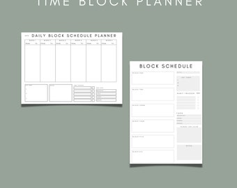 Op de afbeelding: Twee witte tijdsblokplanners op een saliegroene achtergrond. De linkerplanner is een dagelijks blokschema met secties voor tijdvakken, notities en het volgen van gewoonten. De rechterplanner is een blokschema met secties voor top drie, gewoontevolger, eten en notities.