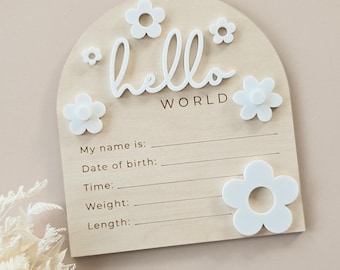 Hello World Plaque Birth Announcement Stats | Flowers Daisy Theme Baby Sign Disc | Birth Detail Plaque | Birth Plaque | WORLDWIDE