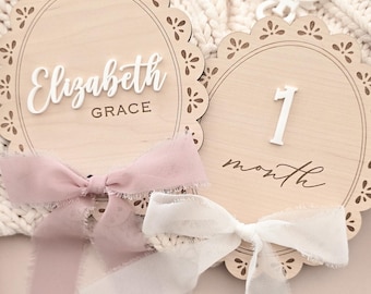 Personalised Baby Name Sign and Milestone Set Baby Shower Gift Set for New Mum Expecting Parents - Scallop and Ribbon