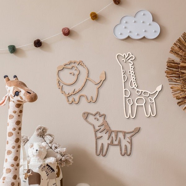 Kids Safari Animal Nursery Wall Art | Set of 3 Jungle Decals | Playroom Bedroom Wooden | Lion Zebra Giraffe