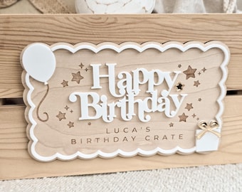 Personalised Birthday Box Crate or Plaque Custom Wooden Gift Box for Kids’ Celebrations Reusable