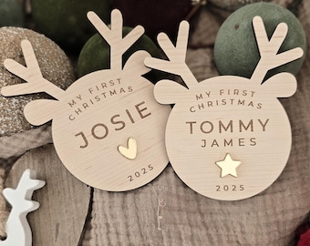 Personalised Reindeer First Christmas Plaque – Wooden Baby Keepsake Ornament