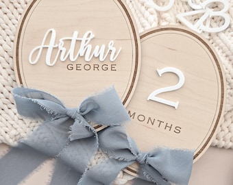 Personalised Baby Name Sign & Milestone Set Bundle Baby Gift Set Baby Shower Baby Boy Simple Oval Wooden Announcement with 3D Script Name