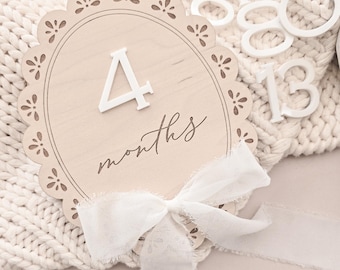 Baby Milestone Monthly Marker Set - Vintage Scallop with Ribbon Markers for Baby Shower Gift Month Signs for baby