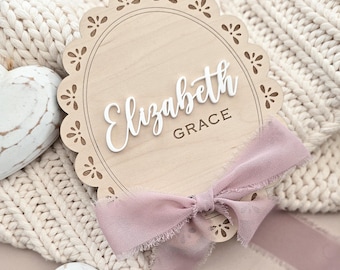 Personalised Baby Name Sign Vintage Frame Scallop Edge With Ribbon Baby Girl Baby Boy