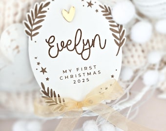 Personalised Baby's First Christmas Name Plaque With Ribbon | Engraved Keepsake Christmas Decoration | Wooden Baby Gift | Social Media Photo