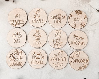 Wooden Personalised Storage Labels with Pictures | Illustrated Nursery Décor | Playroom Tags |