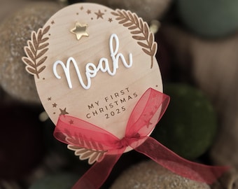My First Christmas Sign For Baby Photo Newborn Plaque with Gold and Red Ribbon
