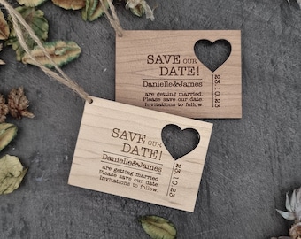 Save the Date Card Invitation for Rustic Wedding | Personalised and Bespoke | Wooden Ornament Magnet | Heart Stamp