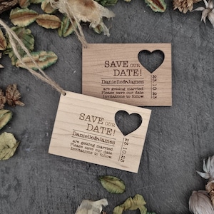Save the Date Card Invitation for Rustic Wedding | Personalised and Bespoke | Wooden Ornament Magnet | Heart Stamp
