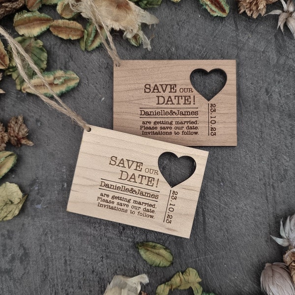 Save the Date Card Invitation for Rustic Wedding | Personalised and Bespoke | Wooden Ornament Magnet | Heart Stamp