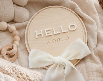 Hello World Ribbon Gender Reveal Baby Announcement Sign Ribbon White Pink Blue Style Baby shower WORLDWIDE