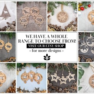 May include: A collection of wooden Christmas ornaments featuring various animal silhouettes, including dogs, cats, rabbits, and birds. The ornaments are personalized with names and dates, making them unique and sentimental gifts.  "WE HAVE A WHOLE RANGE TO CHOOSE FROM! VISIT OUR ETSY SHOP - for more designs -"