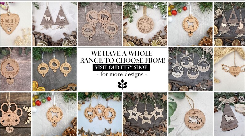 May include: A collection of wooden Christmas ornaments featuring various animal silhouettes, including dogs, cats, rabbits, and birds. The ornaments are personalized with names and dates, making them unique and sentimental gifts.  "WE HAVE A WHOLE RANGE TO CHOOSE FROM! VISIT OUR ETSY SHOP - for more designs -"