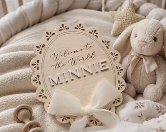 Welcome to the World Baby Announcement Plaque With Pink Blue White Ribbon