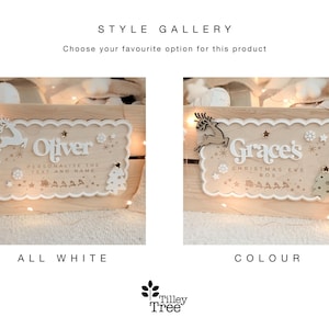May include: Wooden Christmas Eve box with a scalloped edge, featuring a reindeer and snowflake design. The box has the name "Oliver" in white lettering. The text "Personalise the text and name" is also included.