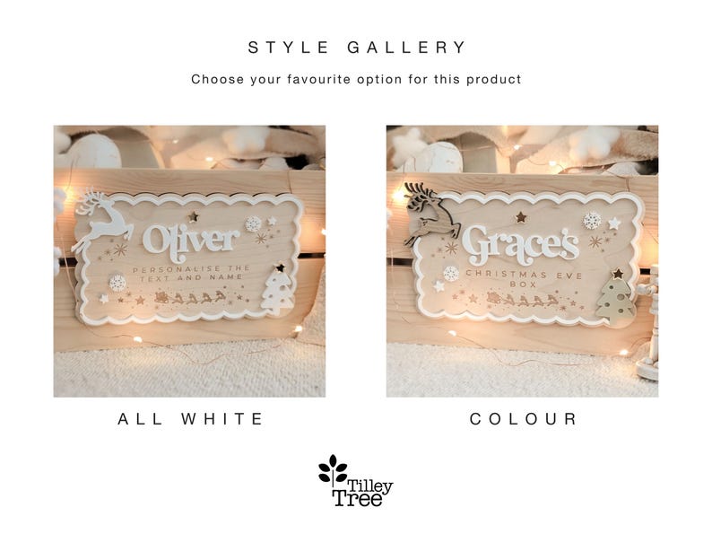 May include: Wooden Christmas Eve box with a scalloped edge, featuring a reindeer and snowflake design. The box has the name "Oliver" in white lettering. The text "Personalise the text and name" is also included.