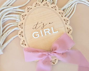 It's a girl Baby Announcement Sign With Pink Ribbon She's Here Baby Girl Gift