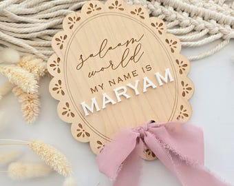 Salaam World Hello World My Name Is Baby Announcement Plaque With Pink Blue White Ribbon