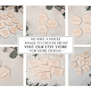 May include: A collection of wooden engraved circles and hexagonal shapes with various themes for children's playrooms. The themes include: art, cars, Lego, learning, farm, dolls, dinosaurs, rocks and fossils, animals, books, Lego, games, train set, building blocks, safari animals, and more. The text "WE HAVE A WHOLE RANGE TO CHOOSE FROM! VISIT OUR ETSY STORE - FOR MORE DESIGNS -" is displayed in the center of the image.